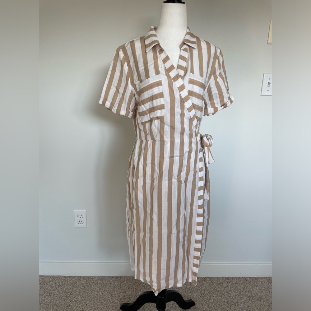 RW&CO Tan and White Stripe Wrap Dress - Size Large